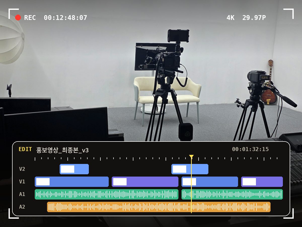 스튜디오 영상촬영 현장과 편집 타임라인